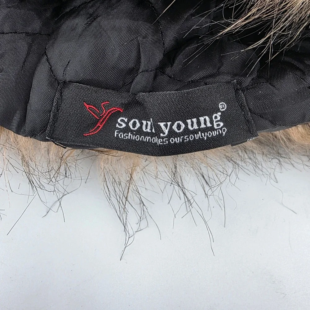 Soul Young Womens Brown Cable Knit Faux Fur Trapper Hat Pom Pom Beanie Preppy